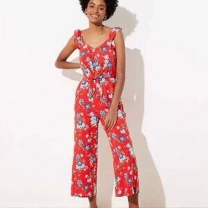 Loft Red Floral Tie Front Jumpsuit